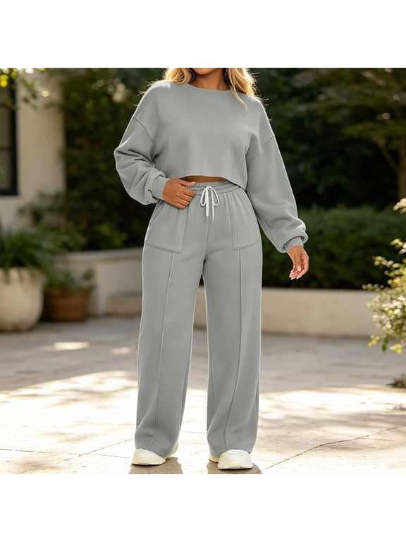 Women Two Piece Set Long Sleeve Crop Top Wide Leg Drawstring Elastic Waist Casual Lounge Matching Outfits Solid Basic Tracksuit Travel Vacation, Gray S