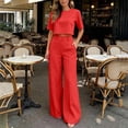 thumbnail image 1 of BRELIL Women Two Piece Set Round Neck Short Sleeve Crop Top Wide Leg Pants Casual Solid Basic Lounge Outfits Vacation Travel Summer Matching Set, Red M, 1 of 8