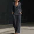 thumbnail image 1 of BRELIL Women Two Piece Set V Neck 3/4 Sleeve Top Wide Leg Pants Casual Summer Lounge Matching Outfits Solid Boho Vacation Travel Loungewear Tracksuit, Dark Gray S, 1 of 5