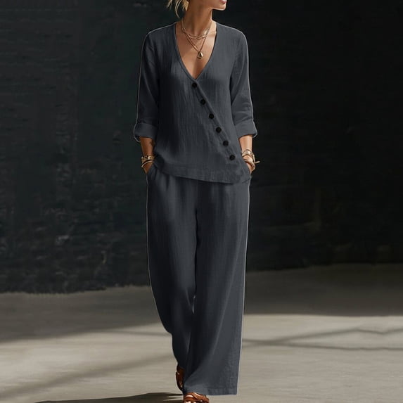 BRELIL Women Two Piece Set V Neck 3/4 Sleeve Top Wide Leg Pants Casual Summer Lounge Matching Outfits Solid Boho Vacation Travel Loungewear Tracksuit, Dark Gray S