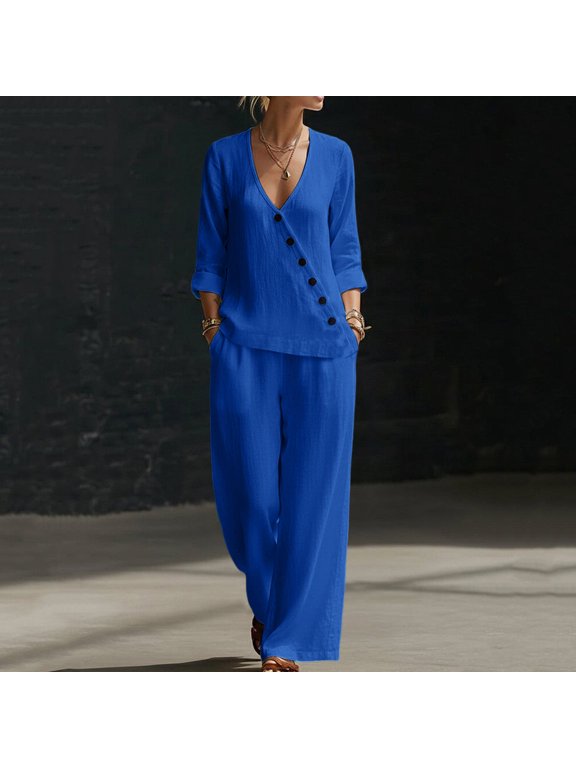 Women Two Piece Set V Neck 3/4 Sleeve Top Wide Leg Pants Casual Summer Lounge Matching Outfits Solid Boho Vacation Travel Loungewear Tracksuit, Blue 2XL