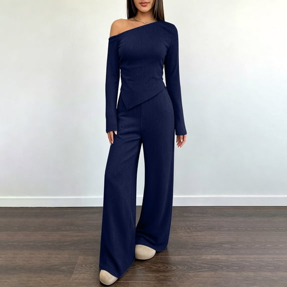 BRELIL Women Two Piece Sets Cold Shoulder Long Sleeve Tops Wide Leg Pants Casual Lounge Matching Set Solid Basic Pullover Outfits Travel Vacation Loungewear, Navy 2XL
