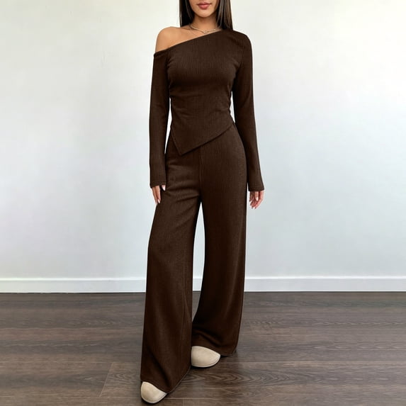 BRELIL Women Two Piece Sets Cold Shoulder Long Sleeve Tops Wide Leg Pants Casual Lounge Matching Set Solid Basic Pullover Outfits Travel Vacation Loungewear, Coffee S