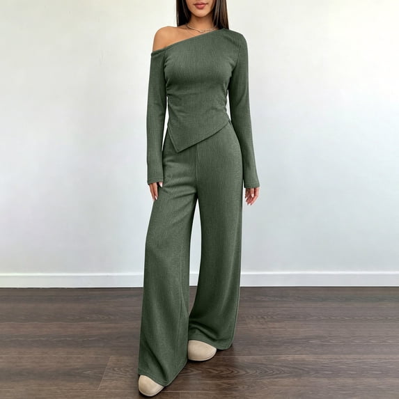 BRELIL Women Two Piece Sets Cold Shoulder Long Sleeve Tops Wide Leg Pants Casual Lounge Matching Set Solid Basic Pullover Outfits Travel Vacation Loungewear, Army Green M