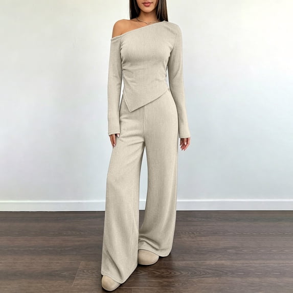 BRELIL Women Two Piece Sets Cold Shoulder Long Sleeve Tops Wide Leg Pants Casual Lounge Matching Set Solid Basic Pullover Outfits Travel Vacation Loungewear, Beige XL