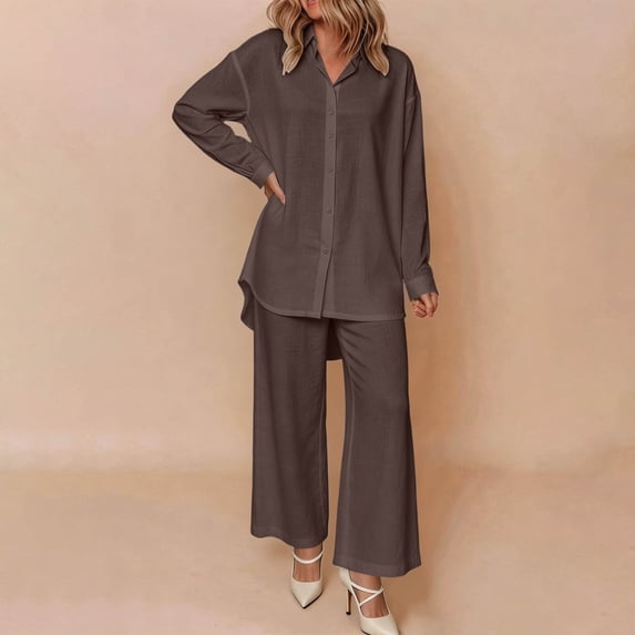 BRELIL Women Two Piece Sets Long Sleeve Shirt Wide Leg Pants Casual Solid Matching Set Collared Top Loungewear Work Office Outfits Tracksuit, Coffee S