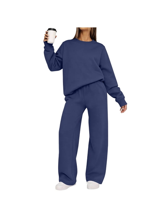 Women Two Piece Sets Round Neck Long Sleeve Pullover Tops Wide Leg Pants Casual Loungewear Matching Outfits Solid Basic Loose Lounge Set, Navy L
