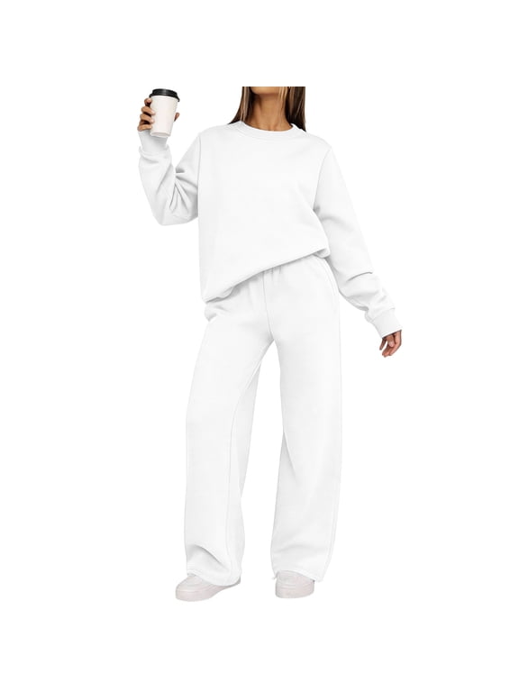 Women Two Piece Sets Round Neck Long Sleeve Pullover Tops Wide Leg Pants Casual Loungewear Matching Outfits Solid Basic Loose Lounge Set, White XL