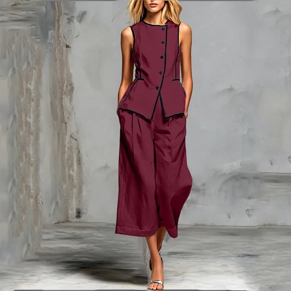 BRELIL Women Two Piece Sets Round Neck Sleeveless Tank Tops Wide Leg Pants Summer Casual Loungewear Matching Sets Vacation Travel Outfits Boho Solid Loose Tracksuit, Wine S