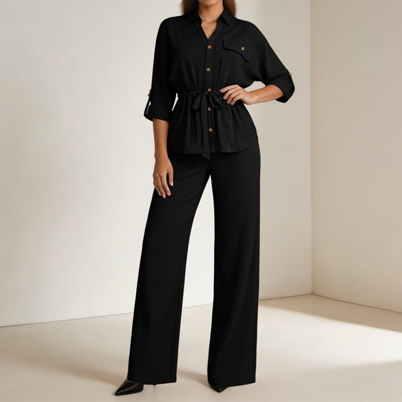 BRELIL Women Two Piece Sets Summer Casual 3/4 Sleeve Collared Shirt Wide Leg Pants Matching Lounge Outfits Travel Vacation Tracksuit, Black XL