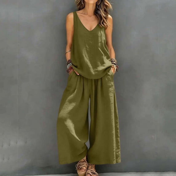 BRELIL Women Two Piece Sets Summer Loungewear V Neck Sleeveless Tank Top Wide Leg Pants Matching Casual Set Boho Vacation Travel Outfits Loose Tracksuit, Army Green M