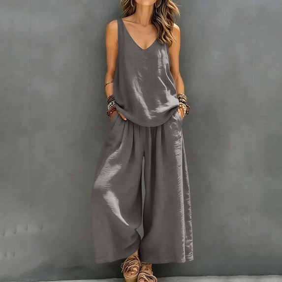 BRELIL Women Two Piece Sets Summer Loungewear V Neck Sleeveless Tank Top Wide Leg Pants Matching Casual Set Boho Vacation Travel Outfits Loose Tracksuit, Gray 2XL
