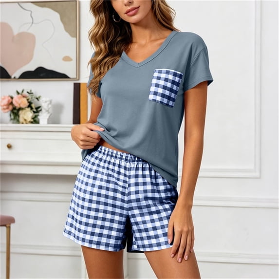 BRELIL Women Two Piece Sets Summer V Neck Short Sleeve Tshirt Elastic Waisted Shorts Plaid Matching Lounge Set Casual Home Wear Pajama Soft Outfits Travel Tracksuit, Sky Blue XL