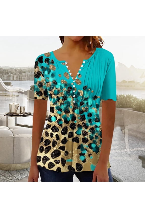 Women V Neck Short Sleeve Blouse Leopard Print Casual Button Down Tops Summer Trendy Tee Shirts Vacation Fashion Clothes, Multicolor 5XL
