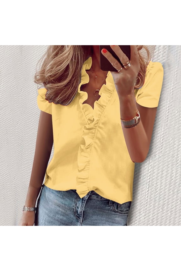 Women V Neck Short Sleeve Tops Ruffle Casual Blouses Summer Fashion Tee Shirts Vacation Tunic Tops Trendy Clothes, Yellow 2XL