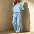 thumbnail image 1 of BRELIL Women's 2 Piece Sets Summer Wide Leg Pants V Neck Short Sleeve Tops Casual Lounge Matching Sets Solid Boho Vacation Travel Outfits Loose Tracksuit, Light Blue 2XL, 1 of 7