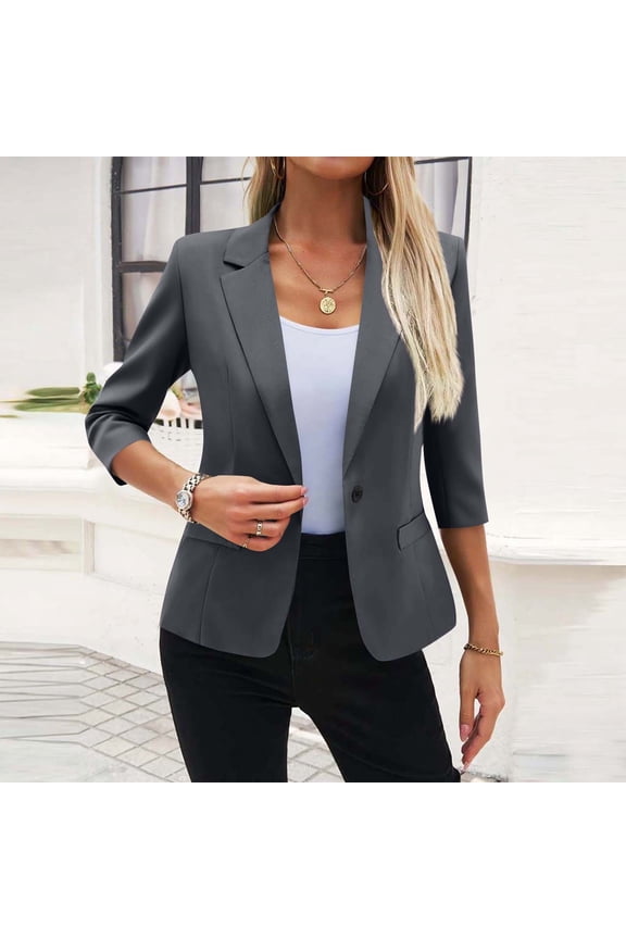 Women's 3/4 Sleeve Collared Button Down Jacket Slim Fit Business Casual Blazer Office Work Wear Professional Tops, Navy 2XL