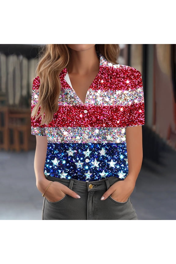 Women's 4th of July Blouse Short Sleeve Button Down Shirt Collared Striped Stars Sequins Top Casual Holiday Loose Fit Vacation Fashion Clothes, Navy L