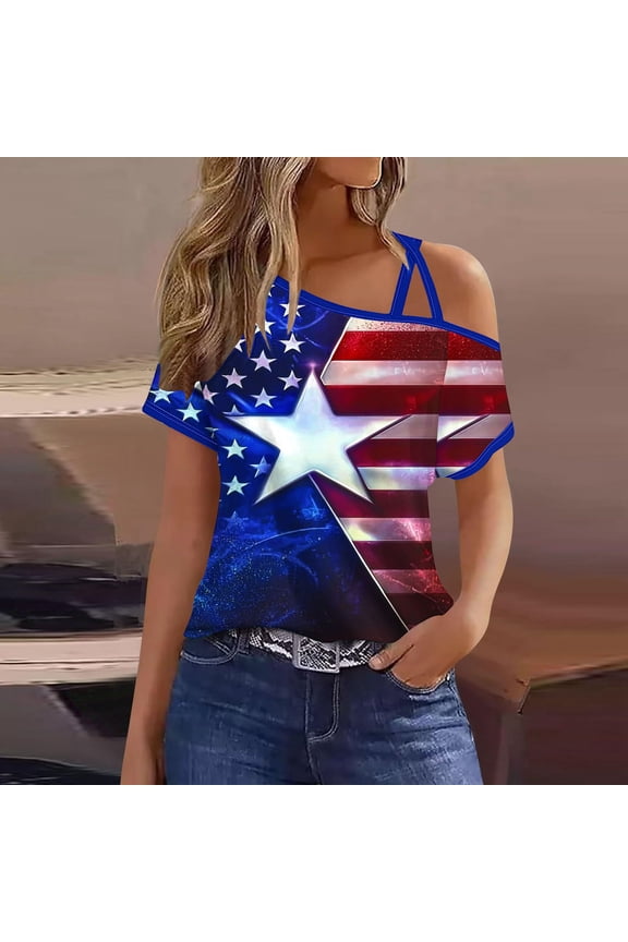 Women's 4th of July Cold Shoulder T-Shirt American Flag Graphic Tee Stars and Stripes Party Top Casual Cut Out Slim Fit Vacation Summer Fashion Clothes, Blue S