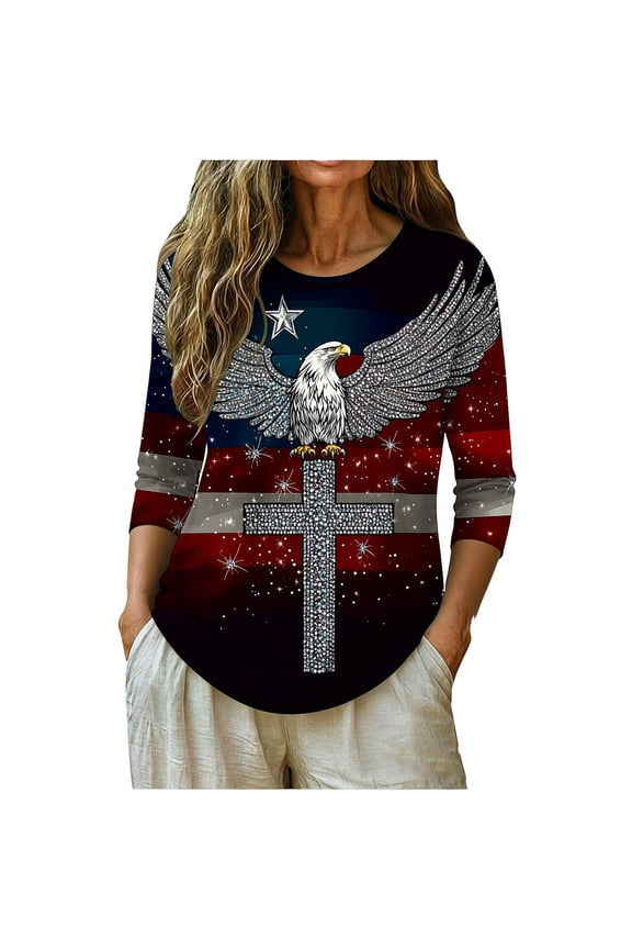 Women's 4th of July Plus Size T-Shirt American Flag Graphic Tee 3/4 Sleeve Casual Top Round Neck Embroidery Sequins Eagle Pattern Patriotic Holiday Shirt, Red L