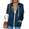 thumbnail image 1 of MORESEC Women's Casual Hooded Zip Up Jacket Loose Fit Solid Color Outerwear Spring Vacation Fashion Clothes, Navy S, 1 of 9