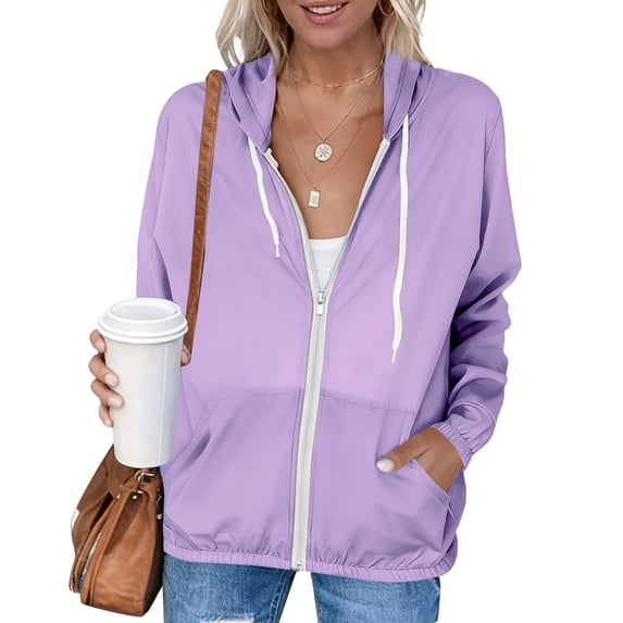MORESEC Women's Casual Hooded Zip Up Jacket Loose Fit Solid Color Outerwear Spring Vacation Fashion Clothes, Purple M