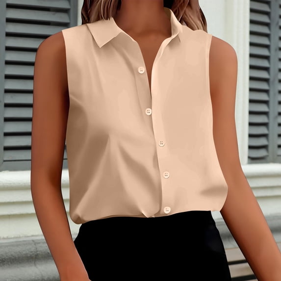 MORESEC Women's Collared Blouse Sleeveless Button Down Shirt Elegant Casual Work Business Tops Solid Color Office Wear, Khaki S
