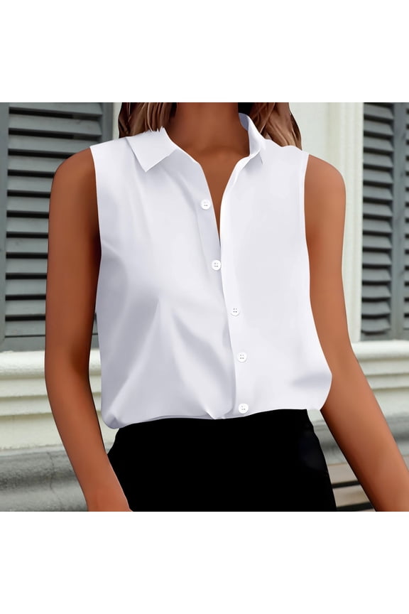 Women's Collared Blouse Sleeveless Button Down Shirt Elegant Casual Work Business Tops Solid Color Office Wear, White XL
