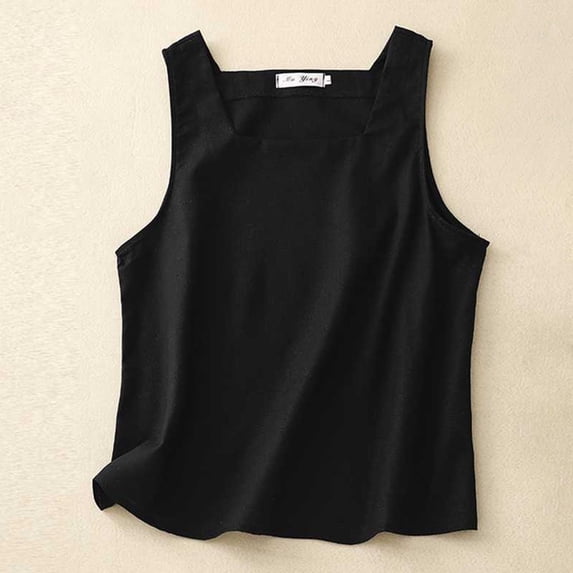 MORESEC Women's Cotton Linen Tank Top Square Neck Sleeveless Casual Loose Boho Blouse Summer Vacation Beachwear Basic Tee, Black M
