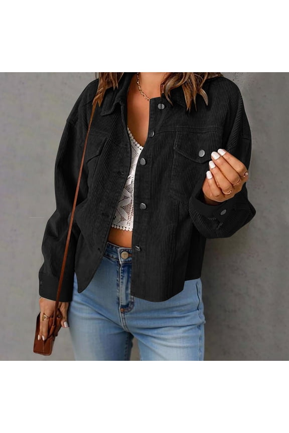 Women's Crop Top Jacket Long Sleeve Button Down Collared Shirt Casual Boho Chic Blouse Holiday Vacation Fashion Clothes, Black S