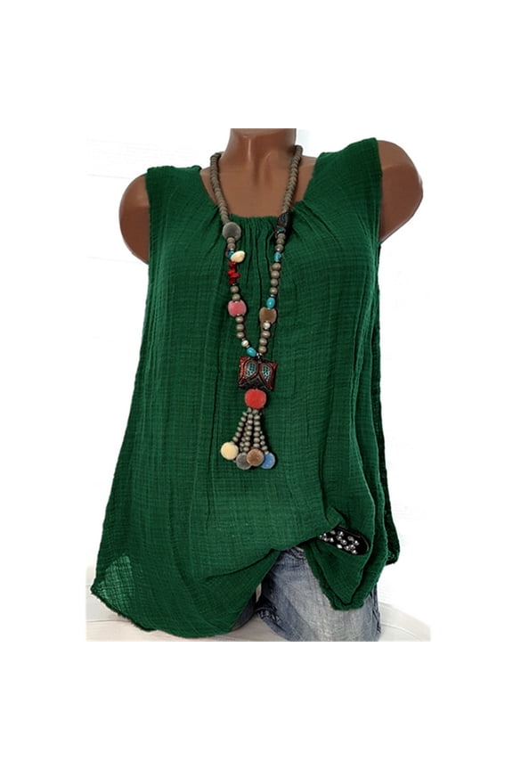 Women's Flax Sleeveless Tank Top Round Neck Boho Casual Blouse Flowy Loose Fit Tunic Tee Shirt Summer Beach Vacation Fashion Clothes, Green 4XL