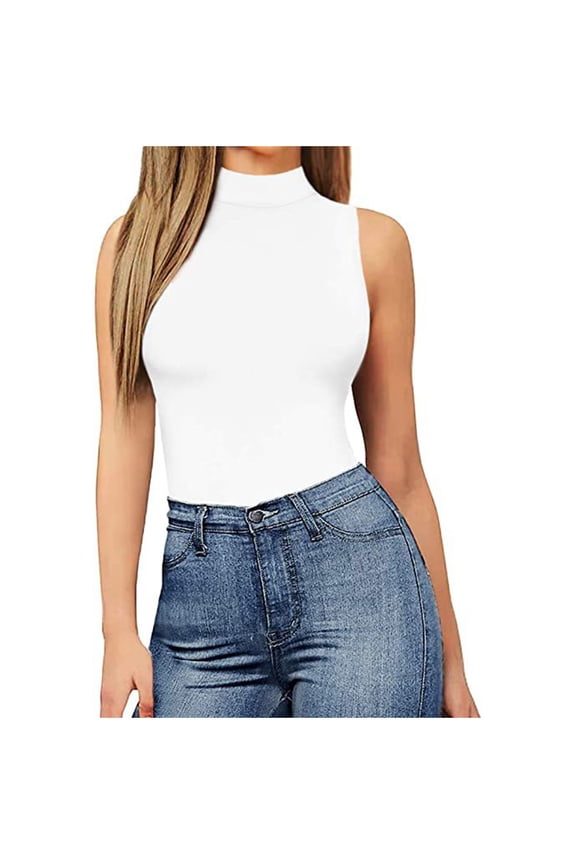 Women's High Neck Bodysuit Sleeveless Slim Fit Solid Color Basic Party Wear Casual Jumpsuit Romper Fashion Outfit, White L
