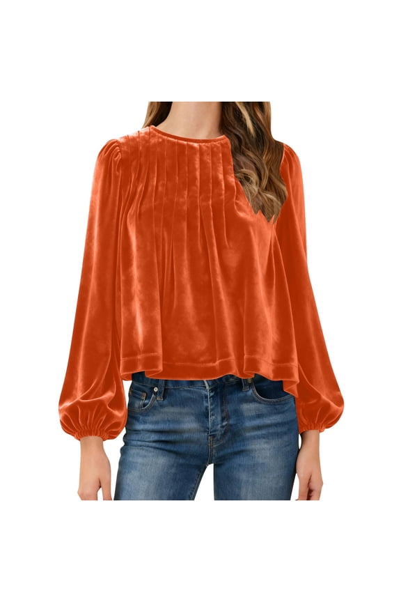 Women's Long Sleeve Crop Top Round Neck Pleated Blouse Elegant Casual Basic Solid Vacation Fashion Tops, Orange L