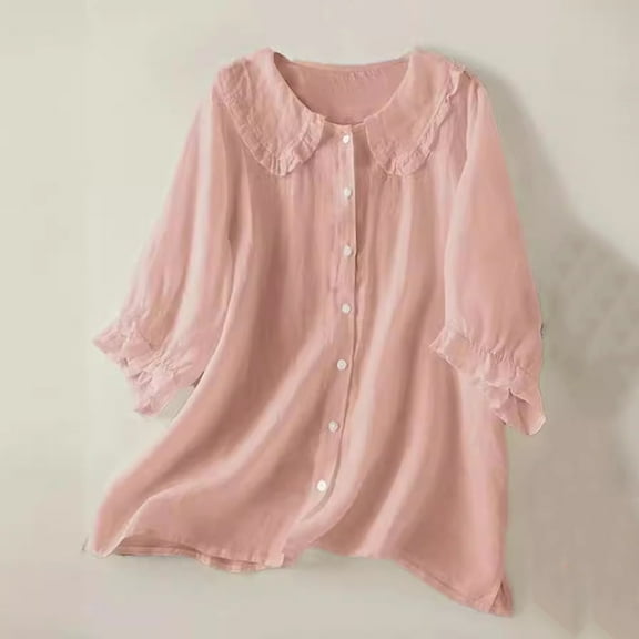 MORESEC Women's Plus Size 3/4 Sleeve Button Down Blouse Collared Flowy Casual Top Solid Basic Shirt Party Wear T-Shirt, Pink L