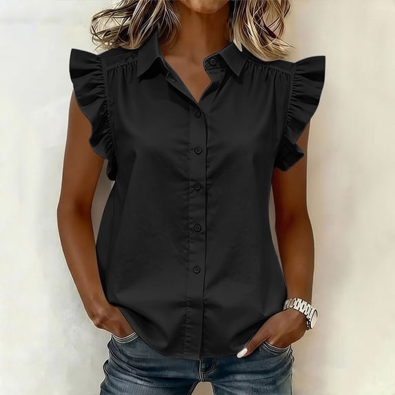 MORESEC Women's Plus Size Blouse Sleeveless Collared Ruffle Button Down Shirt Casual Party Wear Tops, Black 3XL