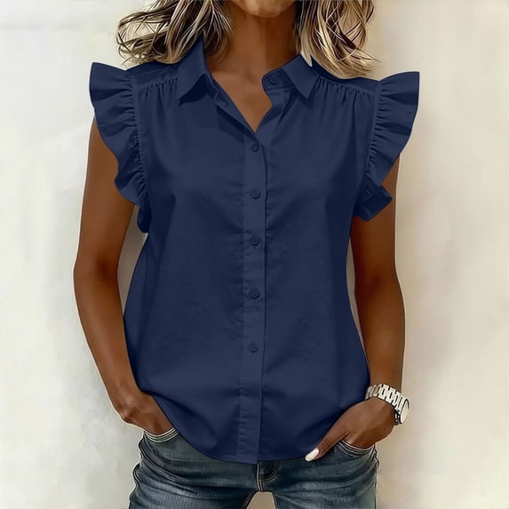 MORESEC Women's Plus Size Blouse Sleeveless Collared Ruffle Button Down Shirt Casual Party Wear Tops, Navy M