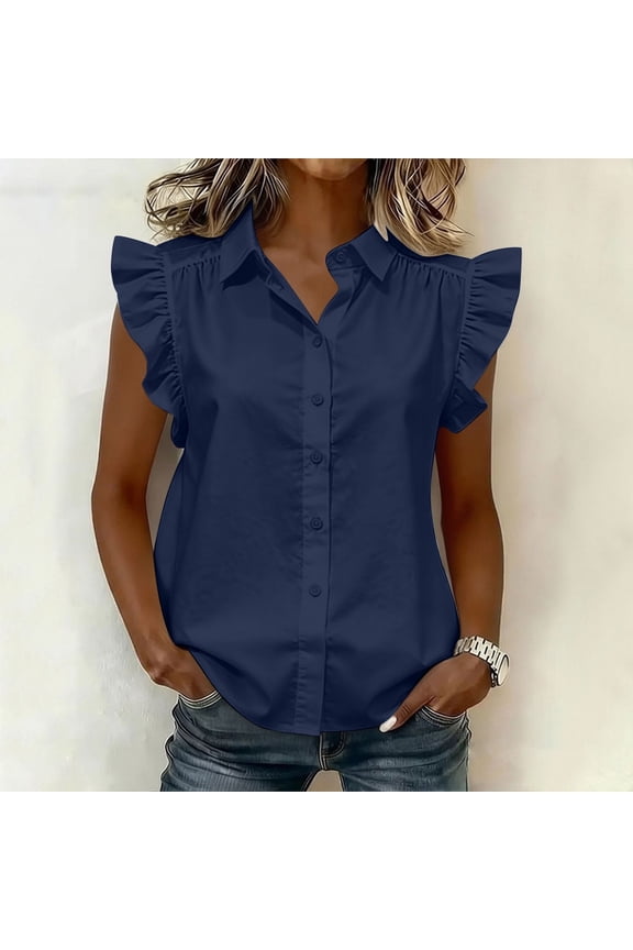 Women's Plus Size Blouse Sleeveless Collared Ruffle Button Down Shirt Casual Party Wear Tops, Navy S