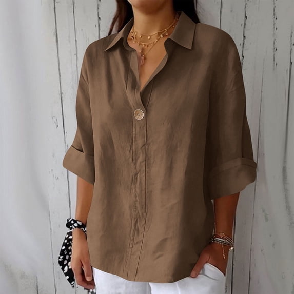 MORESEC Women's Plus Size Button Down Shirt Cotton Linen Blend 3/4 Sleeve Collared Blouse Casual Loose Top Party Wear Tunic, Brown XL