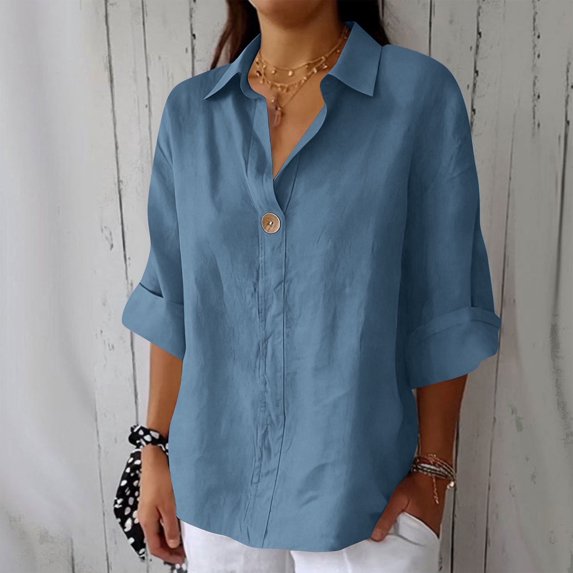 MORESEC Women's Plus Size Button Down Shirt Cotton Linen Blend 3/4 Sleeve Collared Blouse Casual Loose Top Party Wear Tunic, Navy S