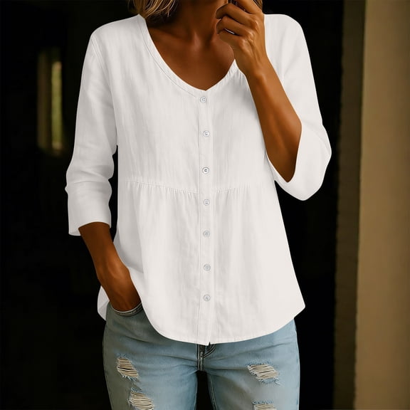 MORESEC Women's Plus Size Cotton Linen Blouse 3/4 Sleeve V Neck Button Down Shirt Casual Loose Vacation Tops Summer Fashion Clothes, White 3XL