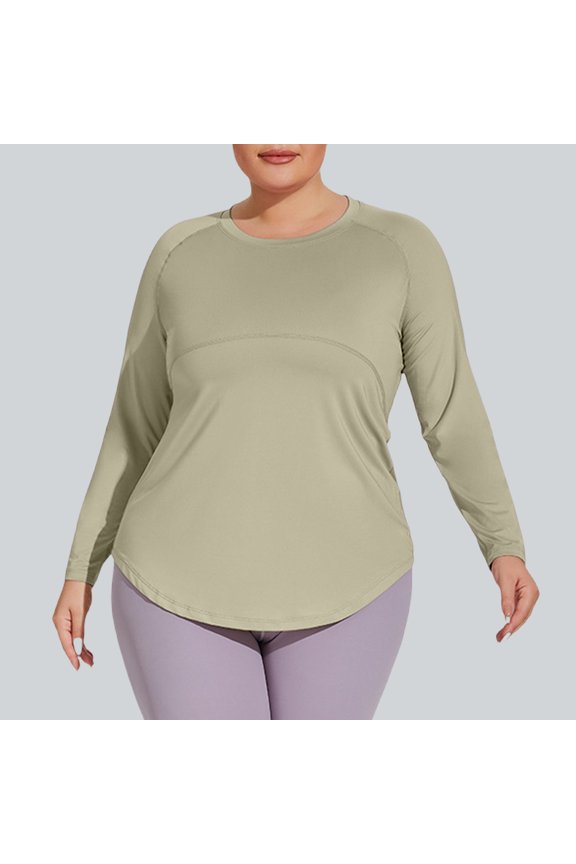 Women's Plus Size Long Sleeve T-Shirt Round Neck Curved Hem Casual Workout Tee Shirts Everyday Basic Tops, Green 2XL