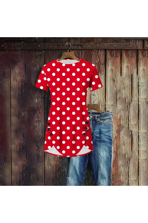 Women's Polka Dot Short Sleeve T-Shirt Button Down Casual Top Round Neck Basic Tee Cute Trendy Blouse Everyday Fashion Clothes, Red S