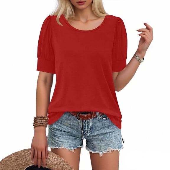 MORESEC Women's Puff Sleeve T-Shirt Round Neck Short Sleeve Casual Blouse Cute Basic Top Solid Tee Shirt Vacation Fashion Clothes, Red 2XL