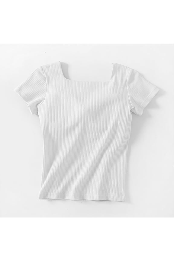 Women's Ribbed T-Shirt Square Neck Short Sleeve Casual Basic Top Solid Color Tee Vacation Travel Fashion Clothes, White S