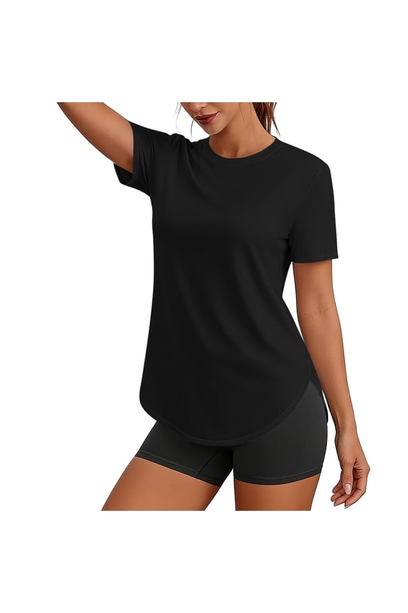 Women's Short Sleeve T-Shirt Round Neck Casual Tee Curved Hem Solid Color Workout Top Everyday Basic Shirts, Black 2XL