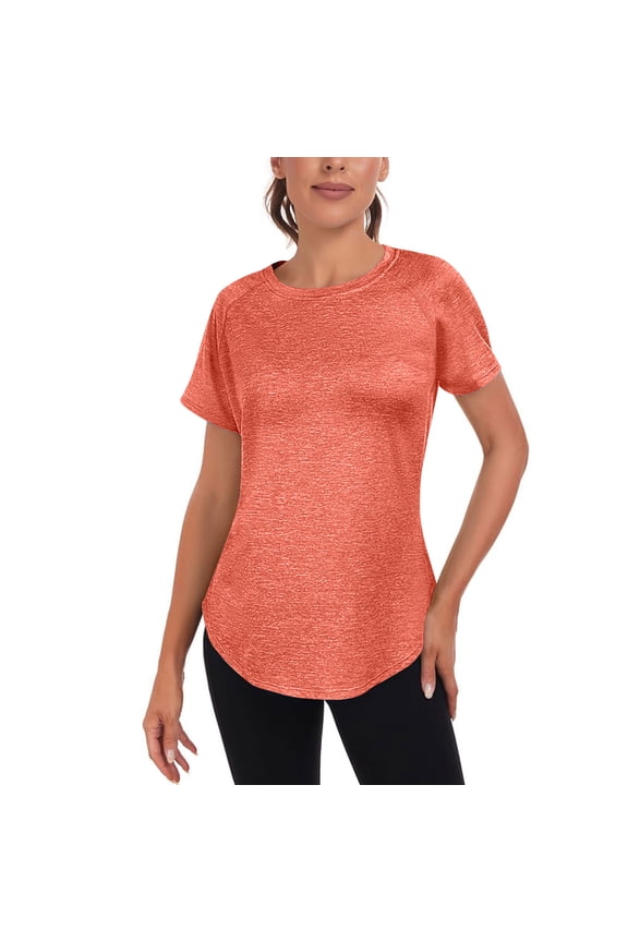 Women's Short Sleeve T-Shirt Round Neck Casual Workout Top Curved Hem Solid Color Tee Shirts for Everyday Wear, Orange XL