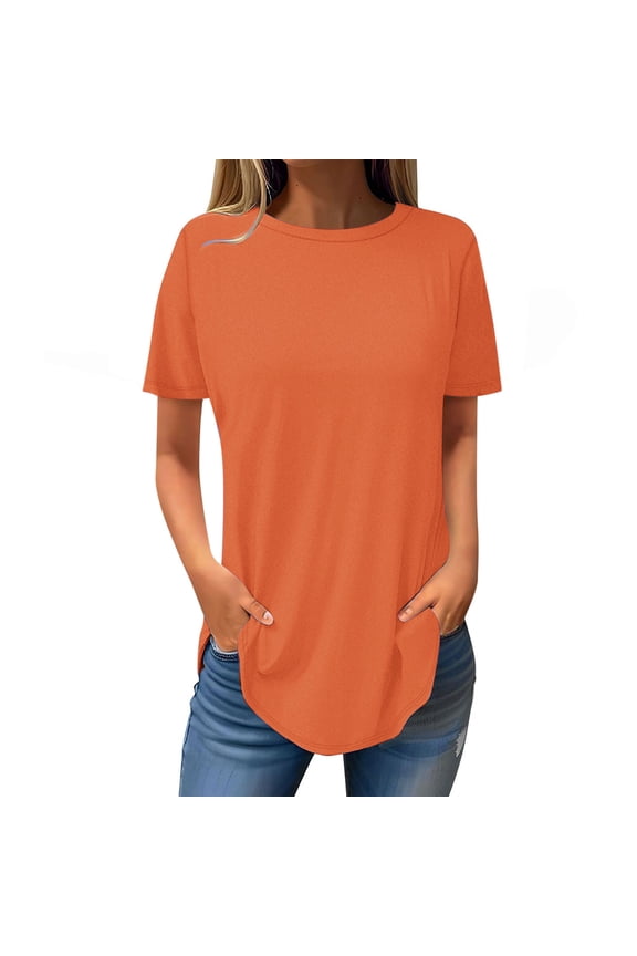 Women's Short Sleeve T-Shirts Round Neck Casual Basic Tees Curved Hem Solid Color Tops Everyday Comfort Summer Fashion Clothes, Orange M