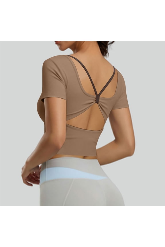 Women's Summer Backless Crop Top Round Neck Short Sleeve Slim Fit T-Shirt Casual Workout Tee Shirts Fashion Solid Color Tops, Coffee 2XL