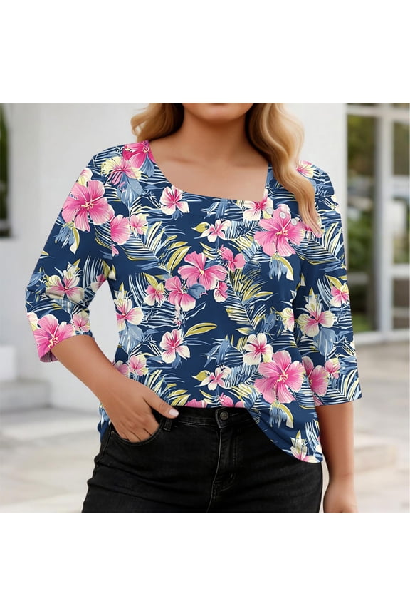 Women's Summer Plus Size Floral Tops Square Neck 3/4 Sleeve Casual Boho T-Shirts Vacation Fashion Clothes, Pink XL