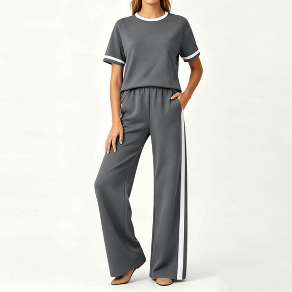 BRELIL Women's Two Piece Set Round Neck Short Sleeve Tshirt Wide Leg Elastic Waist Pants Casual Lounge Matching Sets Solid Basic Vacation Travel Outfits, Gray M